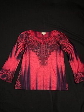 One World Womens Tunic Shirt Medium Petite Red/Black Stretch Metal Studded